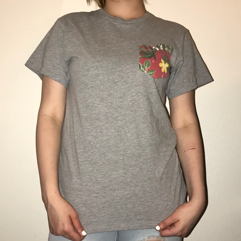 grey vans pink flower pocket shirt